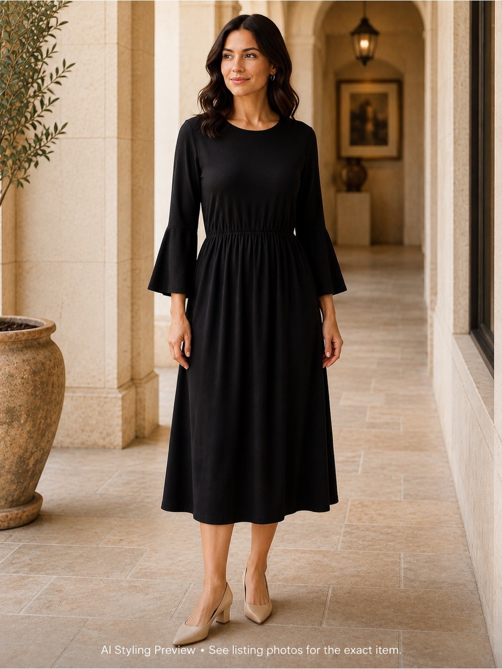 Reborn J Women’s L Black Bell Sleeve Midi Dress Stretch Knit Pockets